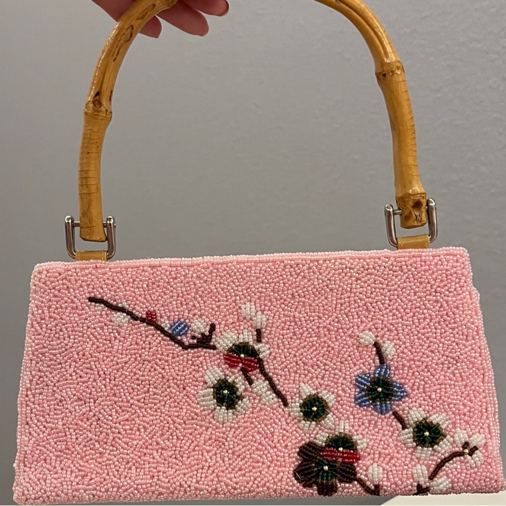 Pink Beaded Floral Handbag with Bamboo Handle